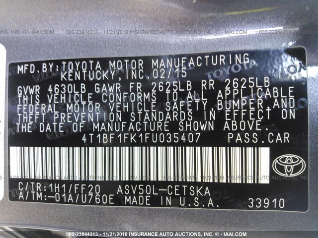 4T1BF1FK1FU035407 - 2015 TOYOTA CAMRY LE/XLE/SE/XSE GRAY photo 9
