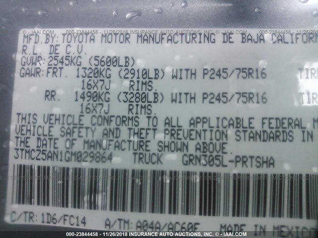 3TMCZ5AN1GM029864 - 2016 TOYOTA TACOMA DBL CAB/SR/SR5/TRD SPT/OR GRAY photo 9