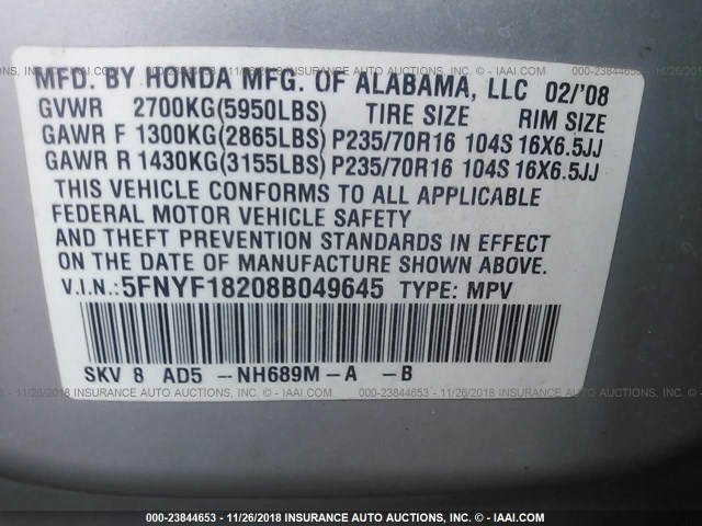 5FNYF18208B049645 - 2008 HONDA PILOT VP SILVER photo 9