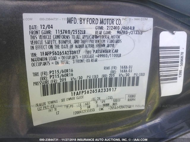 1FAFP56265A233917 - 2005 FORD TAURUS SEL GRAY photo 9