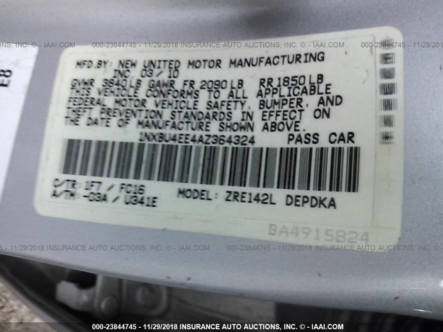 1NXBU4EE4AZ364324 - 2010 TOYOTA COROLLA S/LE/XLE SILVER photo 9