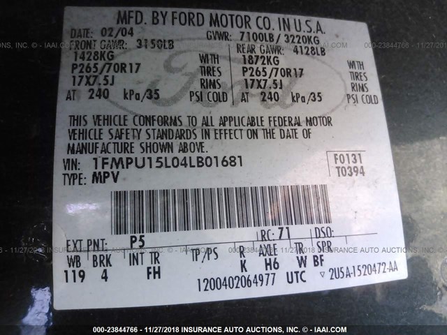 1FMPU15L04LB01681 - 2004 FORD EXPEDITION XLT GREEN photo 9