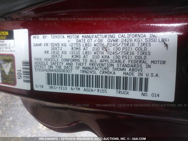 5TEUX42N49Z608307 - 2009 TOYOTA TACOMA ACCESS CAB RED photo 9