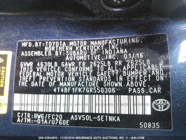 4T4BF1FK7GR550306 - 2016 TOYOTA CAMRY LE/XLE/SE/XSE BLUE photo 9