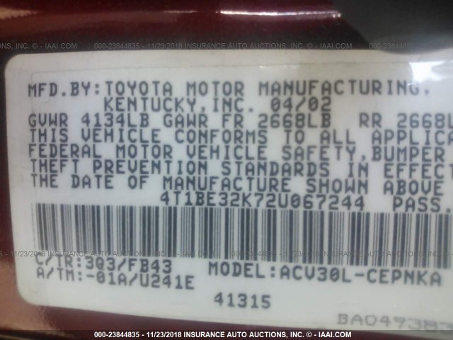 4T1BE32K72U067244 - 2002 TOYOTA CAMRY LE/XLE/SE MAROON photo 9