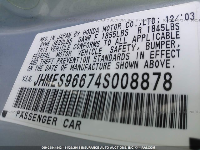 JHMES96674S008878 - 2004 HONDA CIVIC HYBRID SILVER photo 9