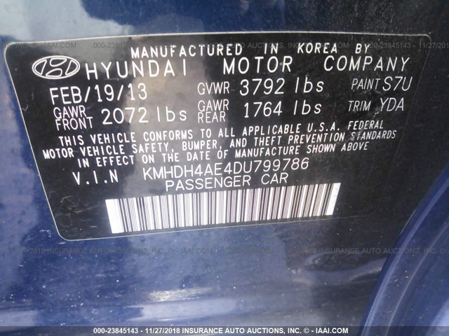 KMHDH4AE4DU799786 - 2013 HYUNDAI ELANTRA GLS/LIMITED BLUE photo 9