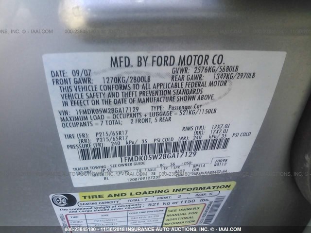 1FMDK05W28GA17129 - 2008 FORD TAURUS X SEL SILVER photo 9