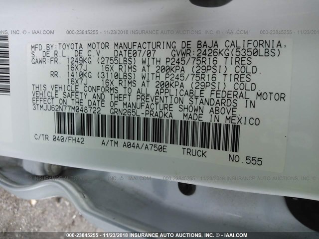 3TMJU62N77M048722 - 2007 TOYOTA TACOMA DOUBLE CAB PRERUNNER WHITE photo 9