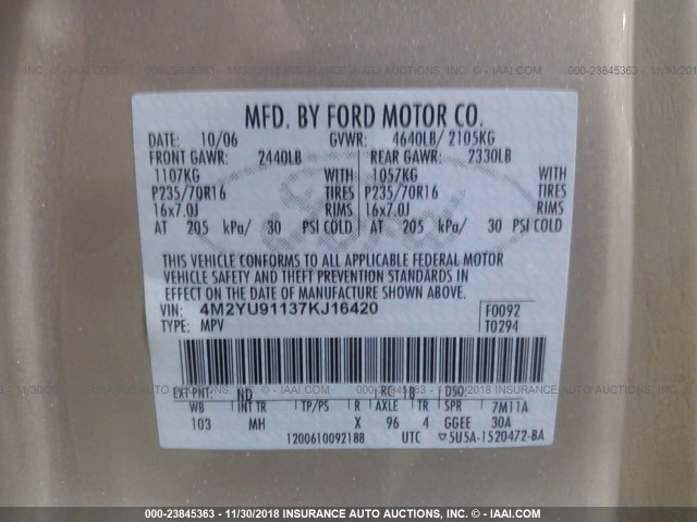 4M2YU91137KJ16420 - 2007 MERCURY MARINER LUXURY GOLD photo 9