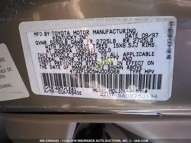 4T3ZF13C5WU005068 - 1998 TOYOTA SIENNA LE/XLE GOLD photo 9