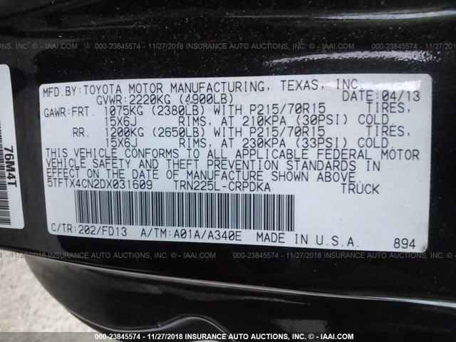 5TFTX4CN2DX031609 - 2013 TOYOTA TACOMA ACCESS CAB შავი ფოტო 9