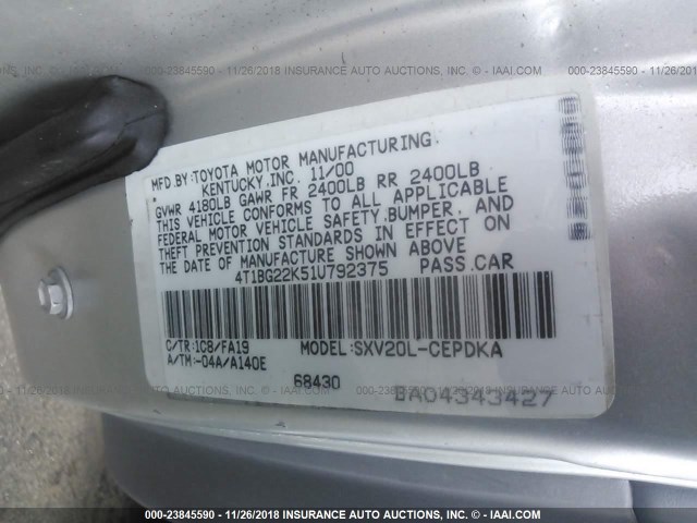 4T1BG22K51U792375 - 2001 TOYOTA CAMRY CE/LE/XLE SILVER photo 9