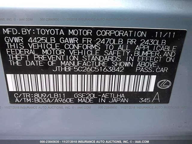 JTHBF5C26C5163842 - 2012 LEXUS IS 250 BLUE photo 9