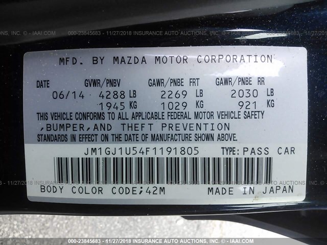 JM1GJ1U54F1191805 - 2015 MAZDA 6 SPORT Dark Blue photo 9