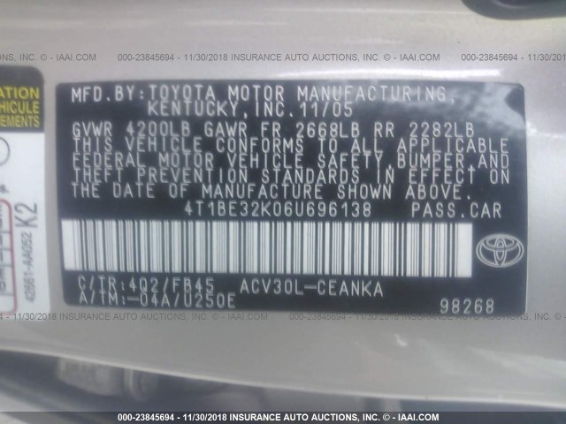 4T1BE32K06U696138 - 2006 TOYOTA CAMRY LE/XLE/SE GOLD photo 9