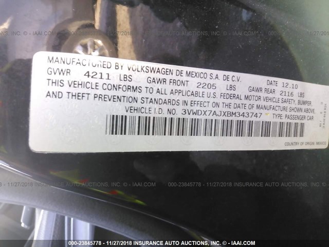 3VWDX7AJXBM343747 - 2011 VOLKSWAGEN JETTA SE შავი ფოტო 9