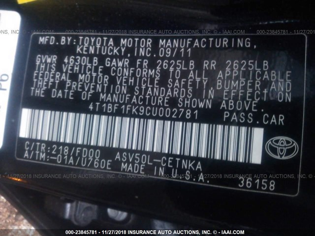 4T1BF1FK9CU002781 - 2012 TOYOTA CAMRY SE/LE/XLE BLACK photo 9