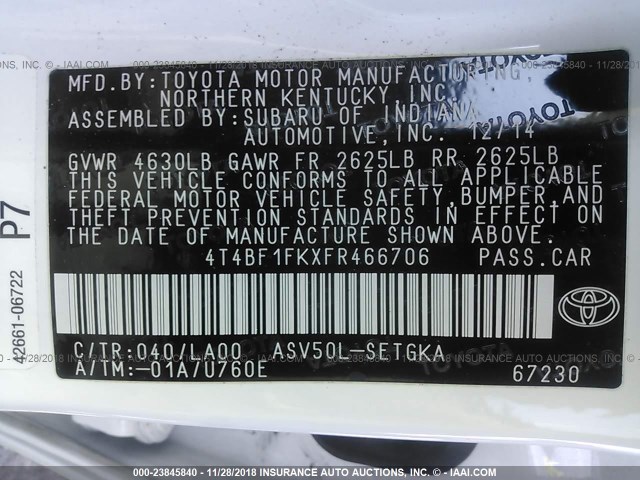 4T4BF1FKXFR466706 - 2015 TOYOTA CAMRY LE/XLE/SE/XSE WHITE photo 9