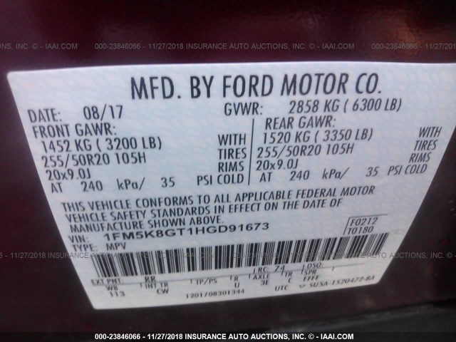 1FM5K8GT1HGD91673 - 2017 FORD EXPLORER SPORT RED photo 9