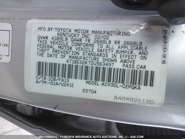 4T1BE32K72U563497 - 2002 TOYOTA CAMRY LE/XLE/SE SILVER photo 9