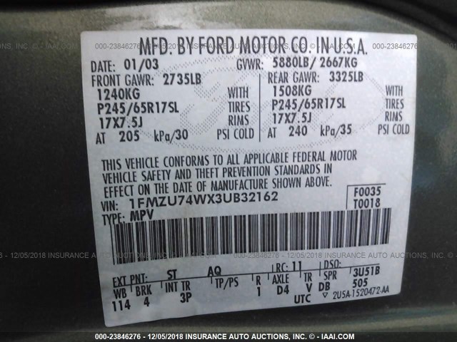 1FMZU74WX3UB32162 - 2003 FORD EXPLORER EDDIE BAUER GREEN photo 9