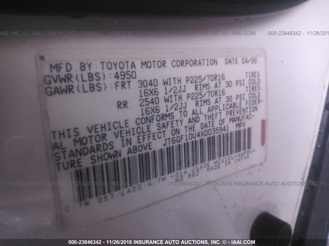 JT6GF10U4X0035941 - 1999 LEXUS RX 300 WHITE photo 9