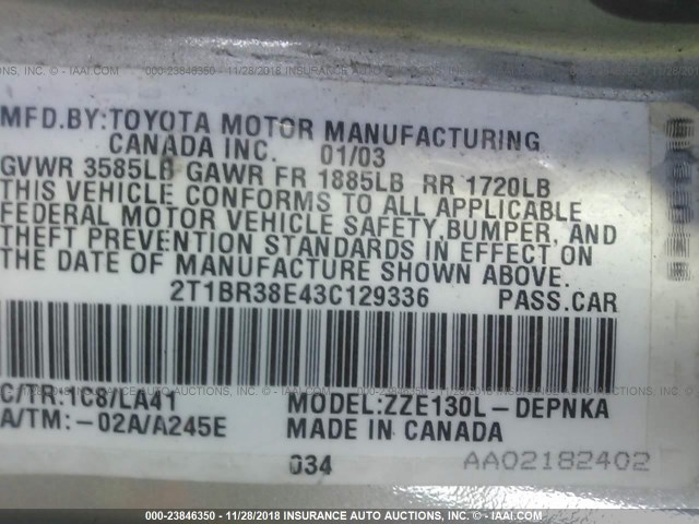 2T1BR38E43C129336 - 2003 TOYOTA COROLLA CE/LE/S SILVER photo 9