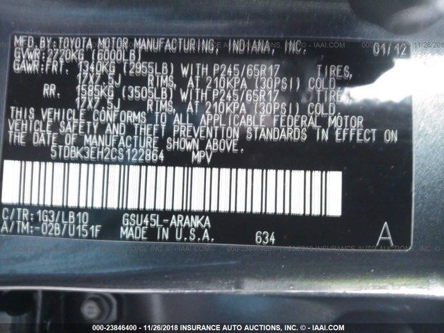 5TDBK3EH2CS122864 - 2012 TOYOTA HIGHLANDER SE GRAY photo 9