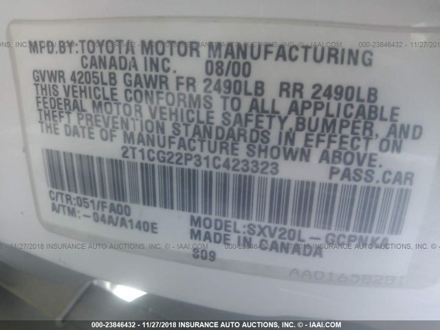 2T1CG22P31C423323 - 2001 TOYOTA CAMRY SOLARA SE WHITE photo 9