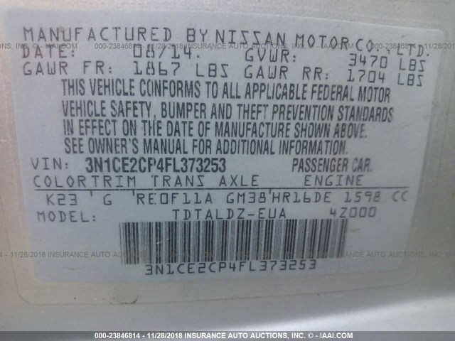 3N1CE2CP4FL373253 - 2015 NISSAN VERSA NOTE S/S PLUS/SV/SL/SR SILVER photo 9