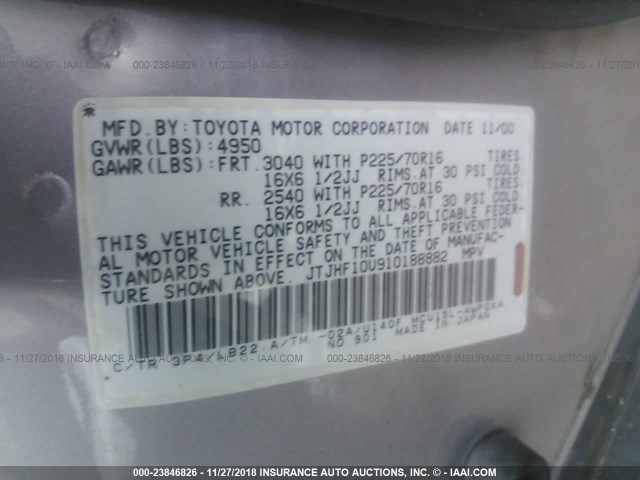 JTJHF10U910188882 - 2001 LEXUS RX 300 GRAY photo 9