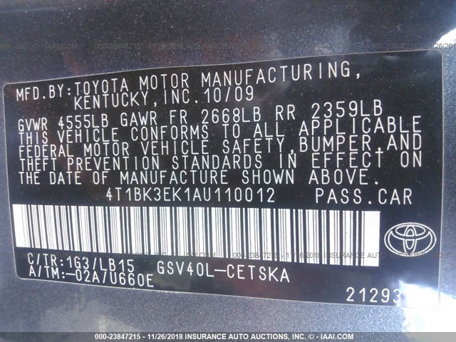 4T1BK3EK1AU110012 - 2010 TOYOTA CAMRY SE/LE/XLE GRAY photo 9