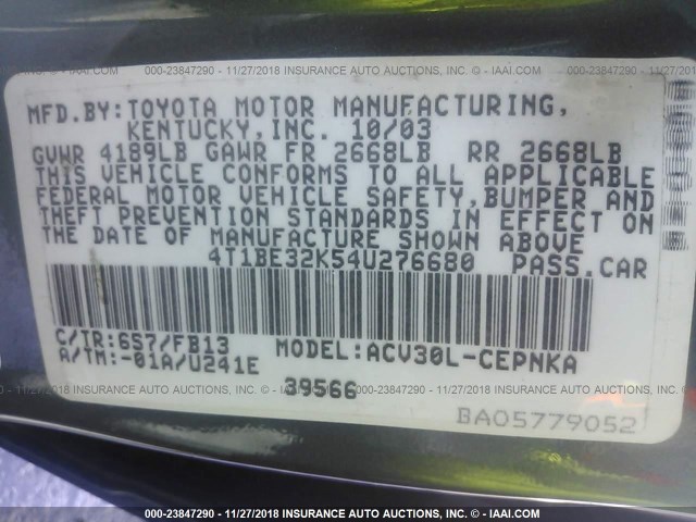 4T1BE32K54U276680 - 2004 TOYOTA CAMRY LE/XLE/SE GREEN photo 9