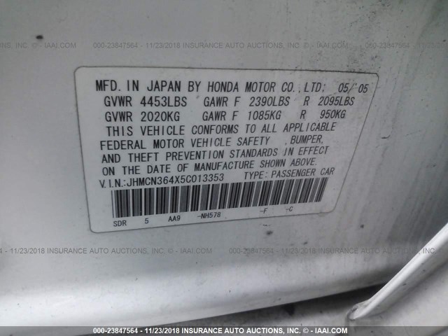 JHMCN364X5C013353 - 2005 HONDA ACCORD HYBRID WHITE photo 9