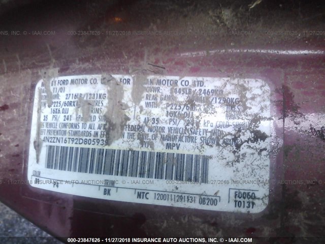 4N2ZN16T92D805939 - 2002 NISSAN QUEST SE RED photo 9