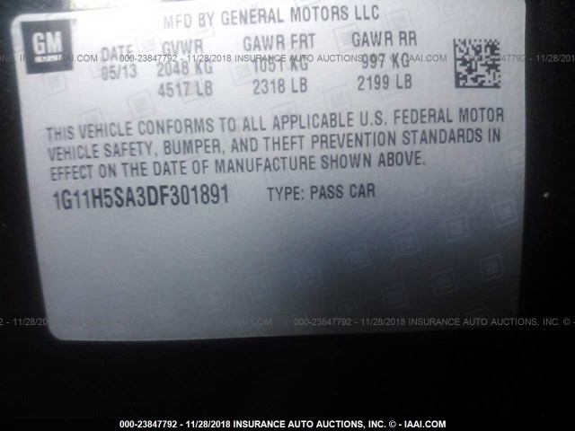 1G11H5SA3DF301891 - 2013 CHEVROLET MALIBU LTZ შავი ფოტო 9