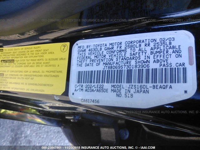 JT8BD69S730183906 - 2003 LEXUS GS 300 BLACK photo 9