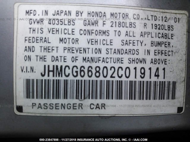 JHMCG66802C019141 - 2002 HONDA ACCORD EX/SE GRAY photo 9