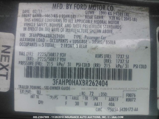 3FAHP0HAXBR262404 - 2011 FORD FUSION SE GRAY photo 9