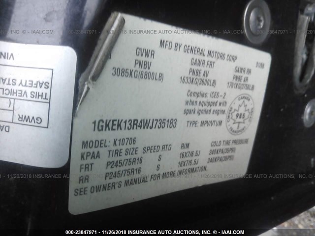 1GKEK13R4WJ735183 - 1998 GMC YUKON BLACK photo 9