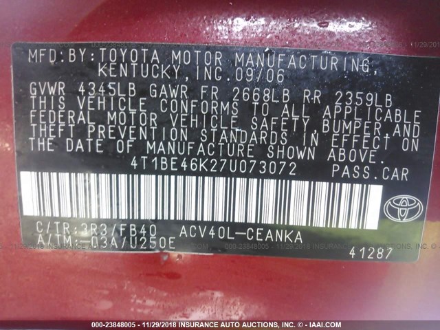 4T1BE46K27U073072 - 2007 TOYOTA CAMRY NEW GENERAT CE/LE/XLE/SE RED photo 9