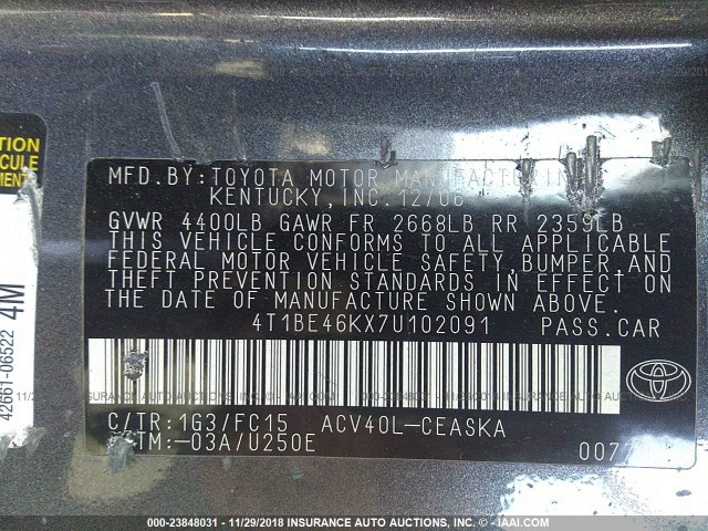 4T1BE46KX7U102091 - 2007 TOYOTA CAMRY NEW GENERAT CE/LE/XLE/SE GRAY photo 9