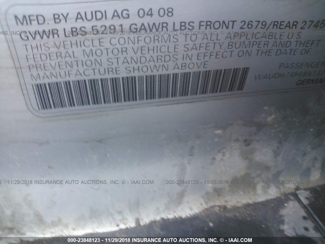 WAUDH74F48N132160 - 2008 AUDI A6 3.2 QUATTRO SILVER photo 9