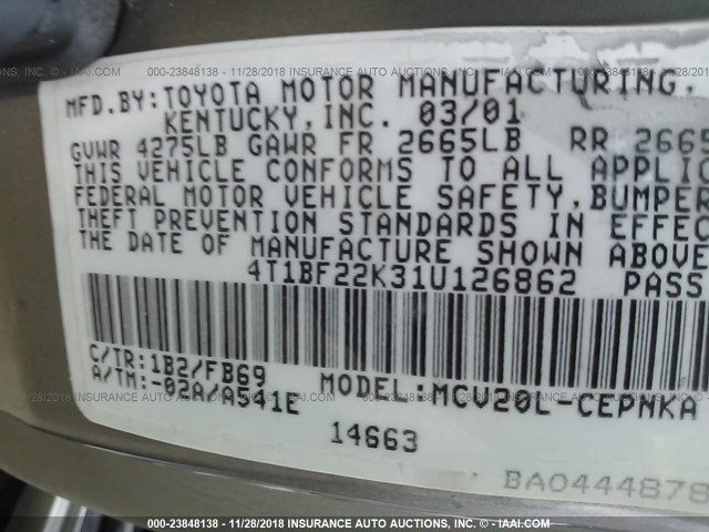 4T1BF22K31U126862 - 2001 TOYOTA CAMRY LE/XLE GRAY photo 9
