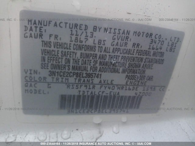 3N1CE2CP8EL395741 - 2014 NISSAN VERSA NOTE S/S PLUS/SV/SL WHITE photo 9