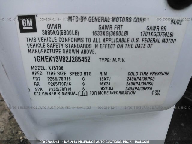 1GNEK13V82J285452 - 2002 CHEVROLET TAHOE K1500 WHITE photo 9