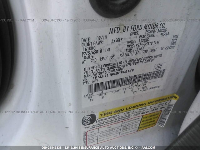 1FMJU1J56BEF06149 - 2011 FORD EXPEDITION XLT/KING RANCH WHITE photo 9