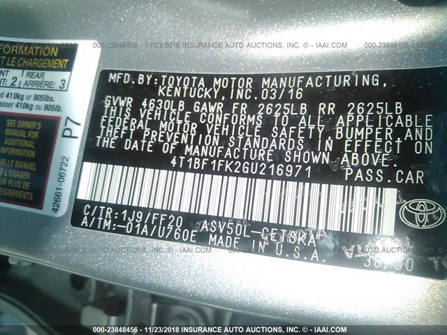 4T1BF1FK2GU216971 - 2016 TOYOTA CAMRY LE/XLE/SE/XSE SILVER photo 9