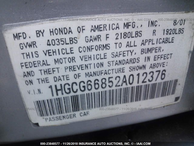 1HGCG66852A012376 - 2002 HONDA ACCORD EX/SE SILVER photo 9